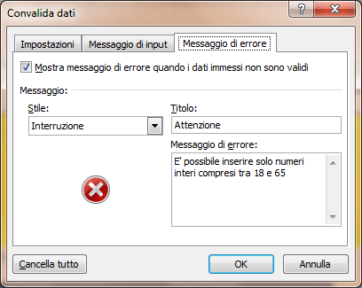 convalida dati scheda messaggio di errore