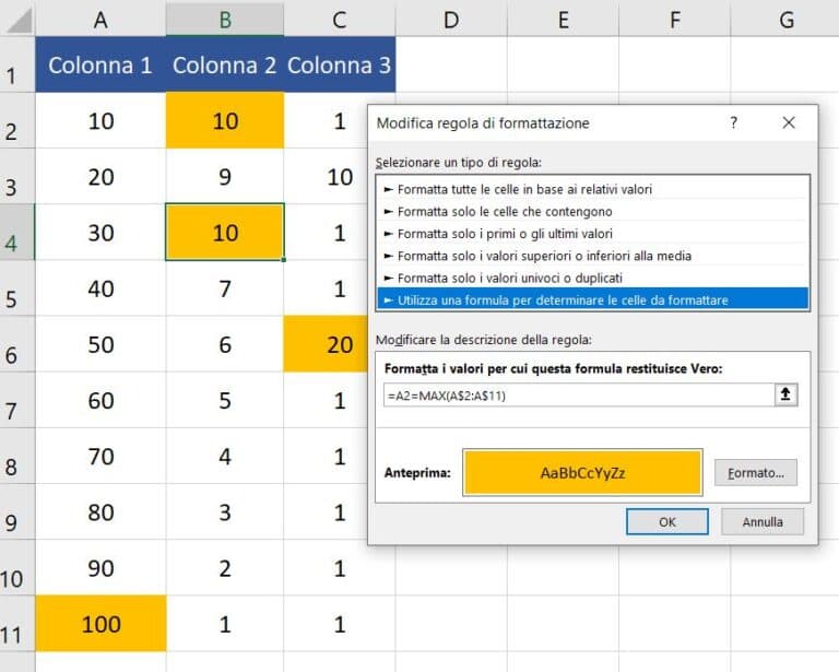 formattazione condizionale valore massimo