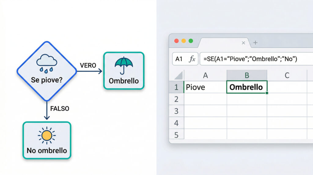 Diagramma logico VERO FALSO della funzione SE Excel con esempio di condizione e risultato