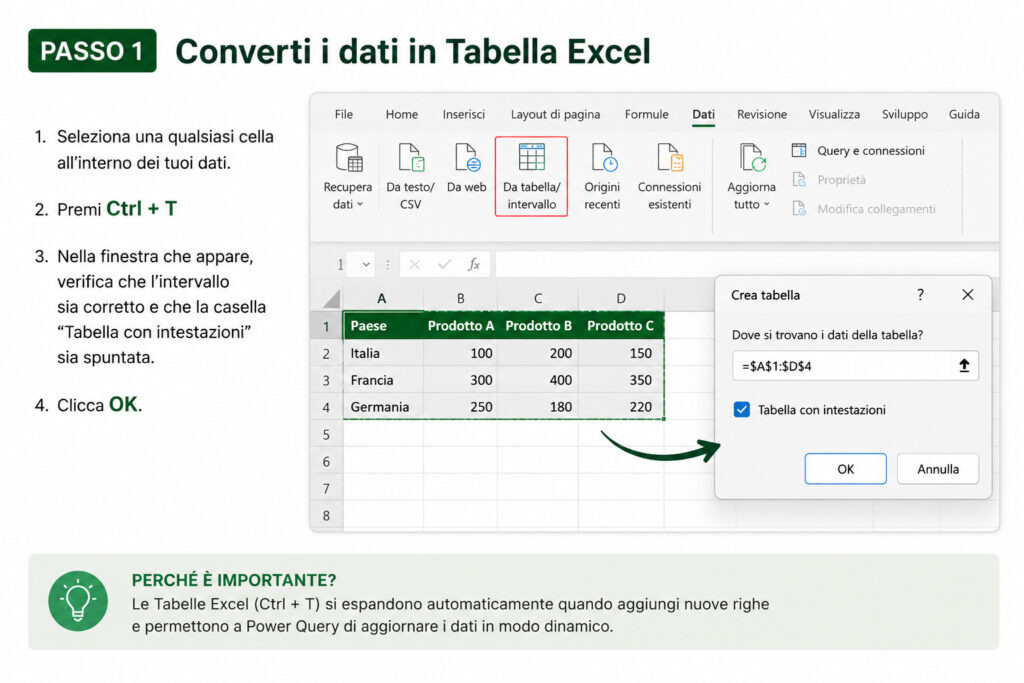 passo 1 - converti i dati in tabella
