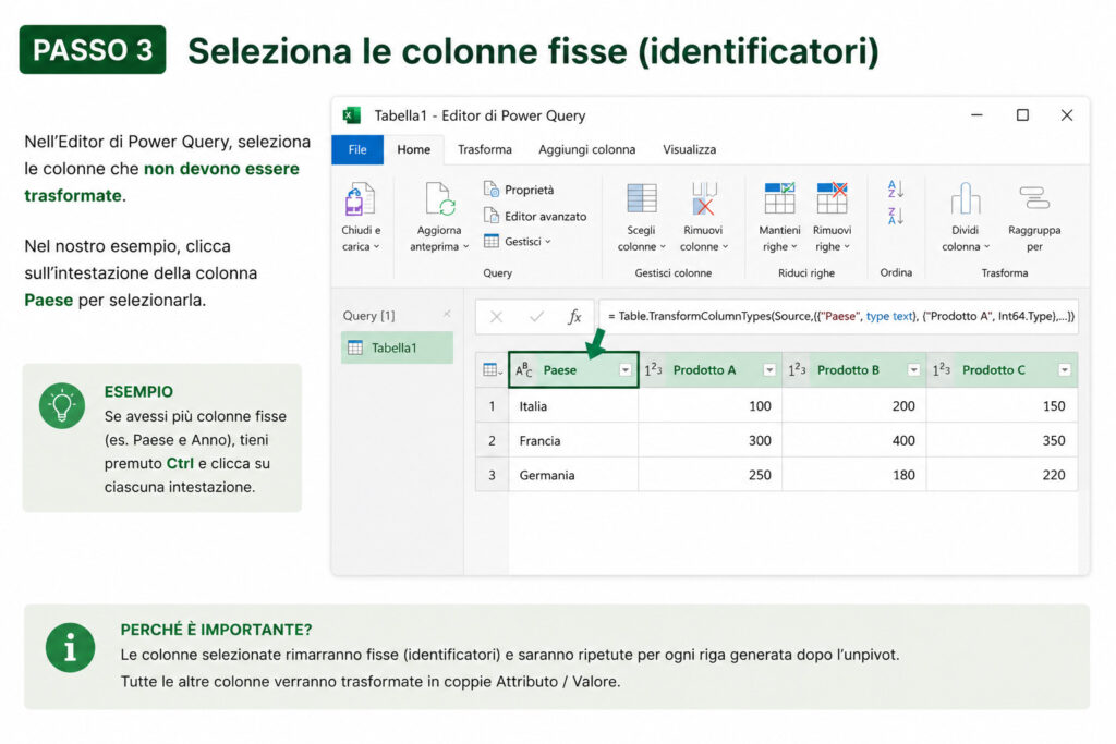 Passo 3 - seleziona le colonne fisse