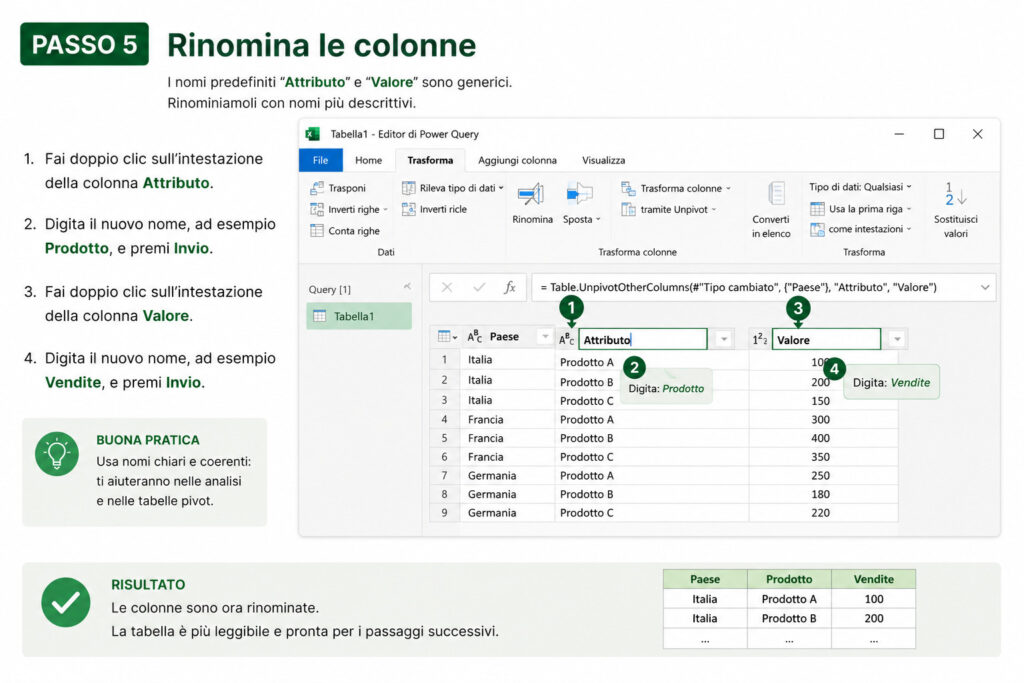 Passo 5 - rinomina le colonne