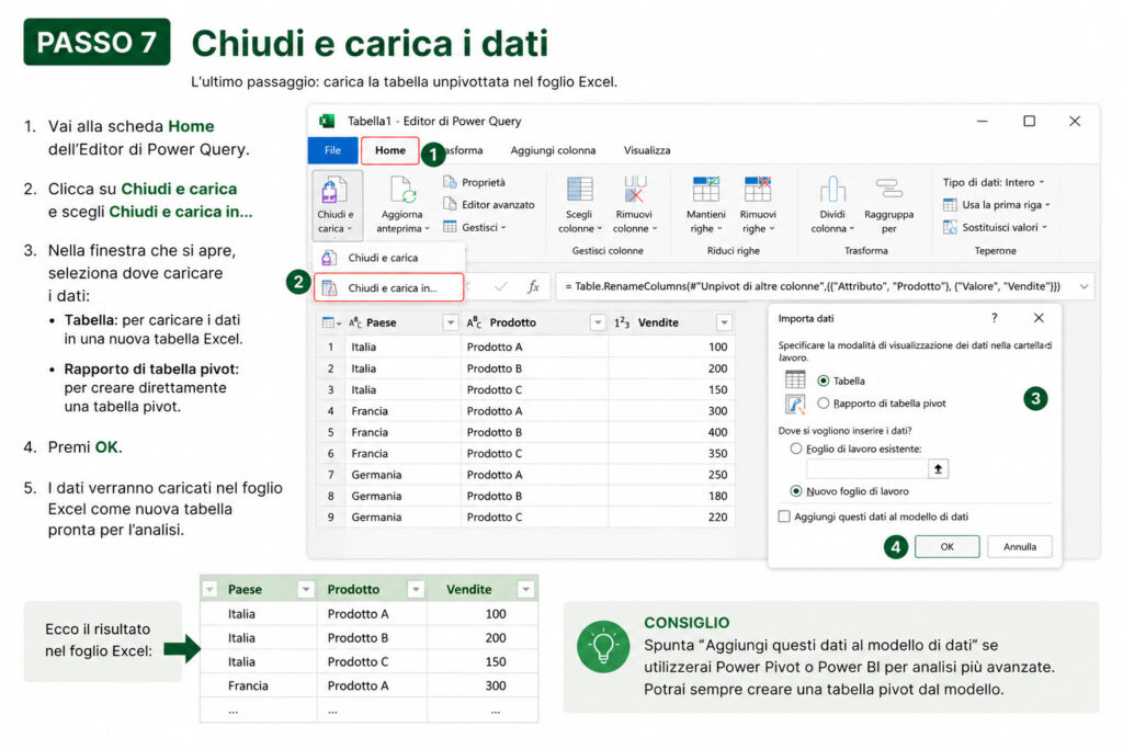 Passo 7 - chiudi e carica i dati